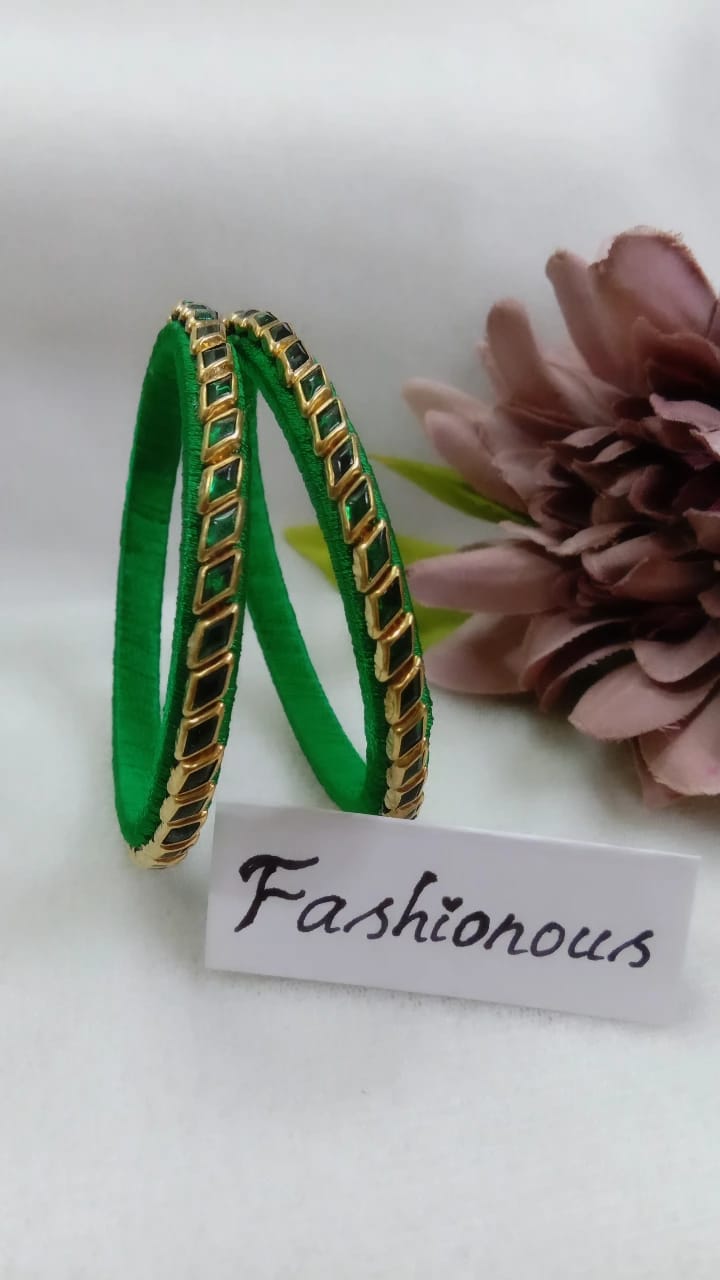 Green Square Silk Thread Kundhan Bangles - BNG009