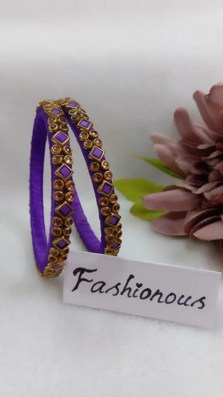 Violet Embellished Silk Thread Kundhan Bangles - BNG012