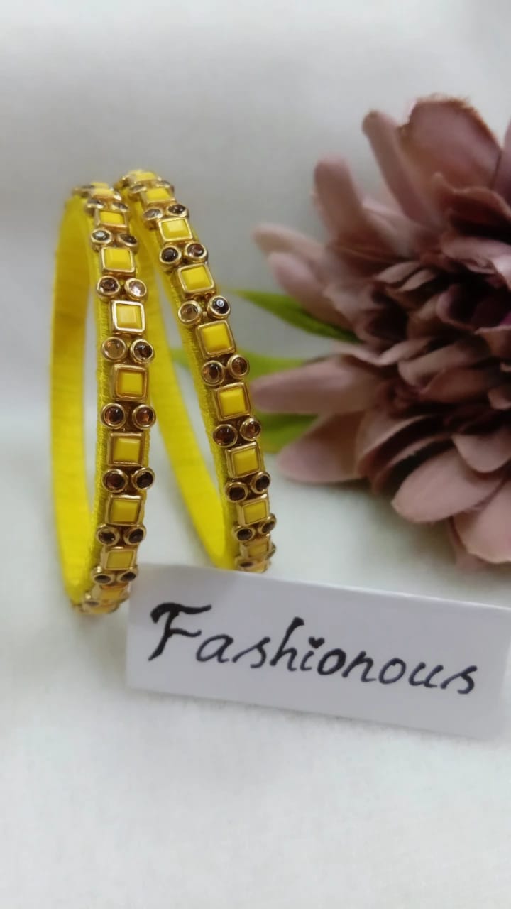 Sunflower Symphony: Yellow Silkthread Kundhan Bangle - BNG028