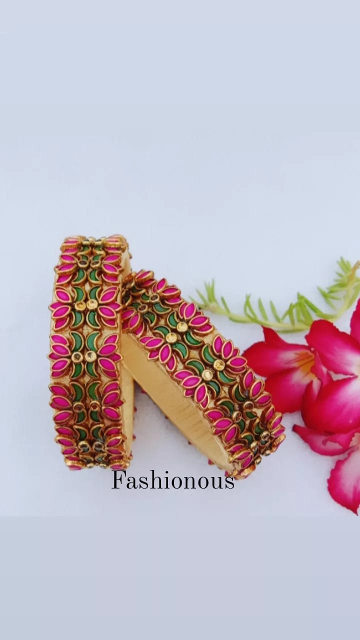 Pink Petal Passion: Kundan Kada Silkthread Bangle - BNG030