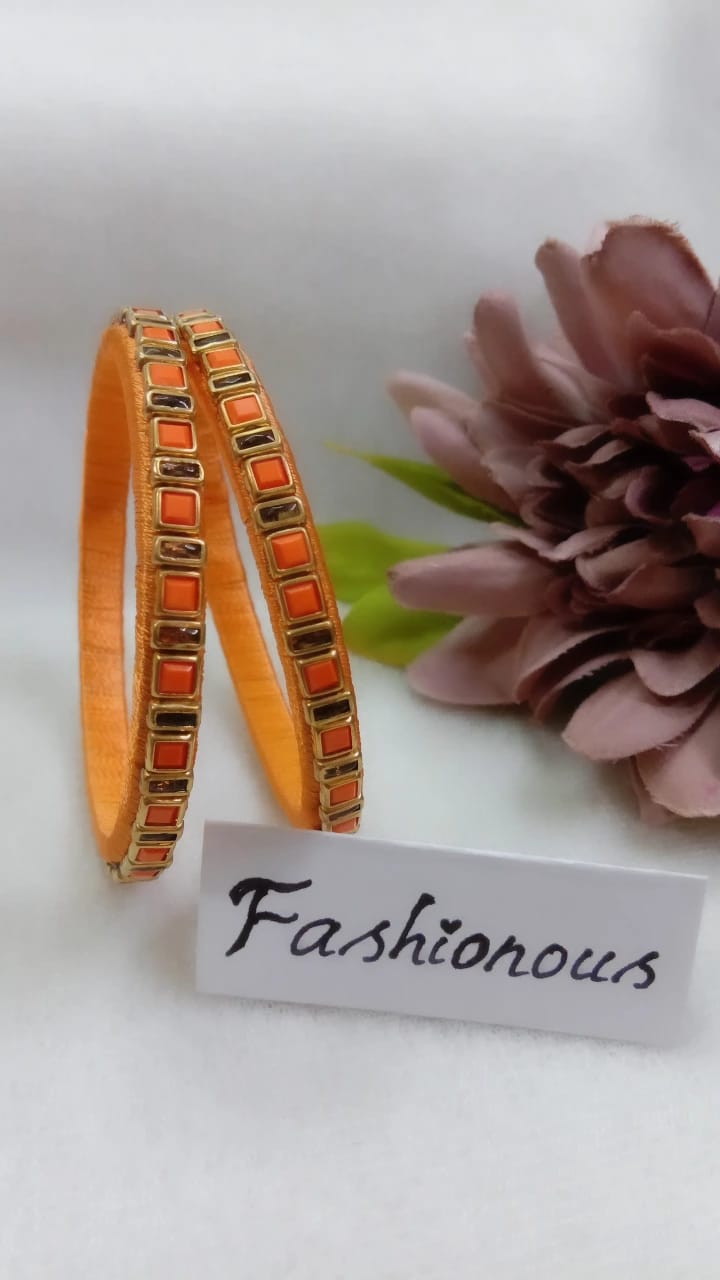 Saffron Sparkle: Square Silkthread Kundhan Bangle - BNG026