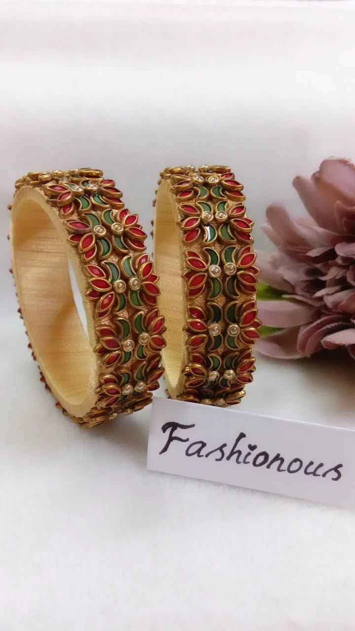 Eternal Bloom: Golden Red Kundan Kada Bangle - BNG029