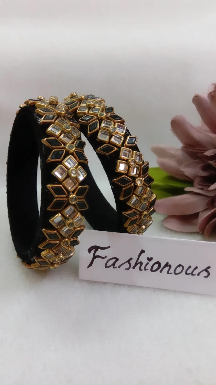 Midnight Majesty: Floral Kundan Silkthread Bangle - BNG033