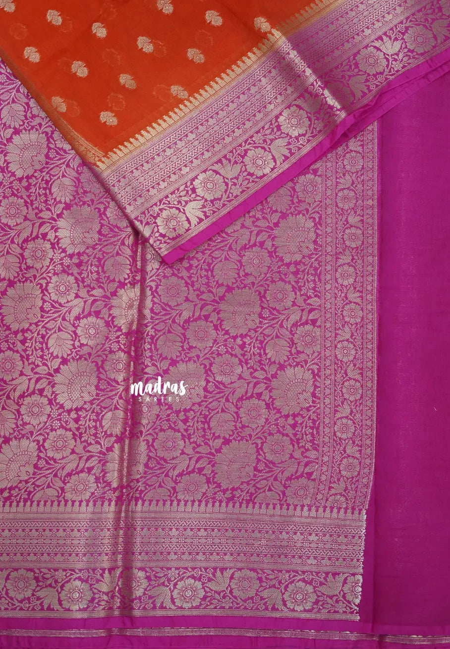 Sunset Bloom - Durga - Banarasi Soft Cotton Silk Saree Silver Zari and Gold Zari Border - Best for Function Wear