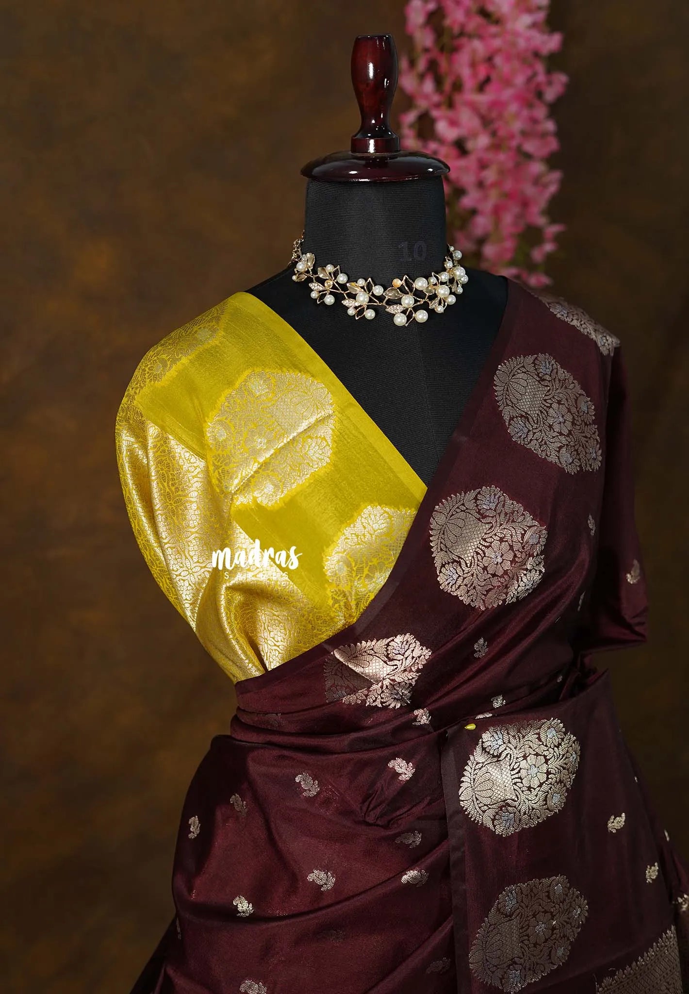 Coffee Brown - Vasantha Raagam - Banarasi mashru Silk cotton Saree with Antique Zari Border and buttas - Perfect for Wedding Wear