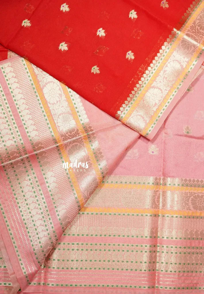 Classic Rich Red with Melon Peach - Durga - Banarasi Soft cotton Silk Saree with Big multi mango Border - Best for Festive Wear | Temple visit |