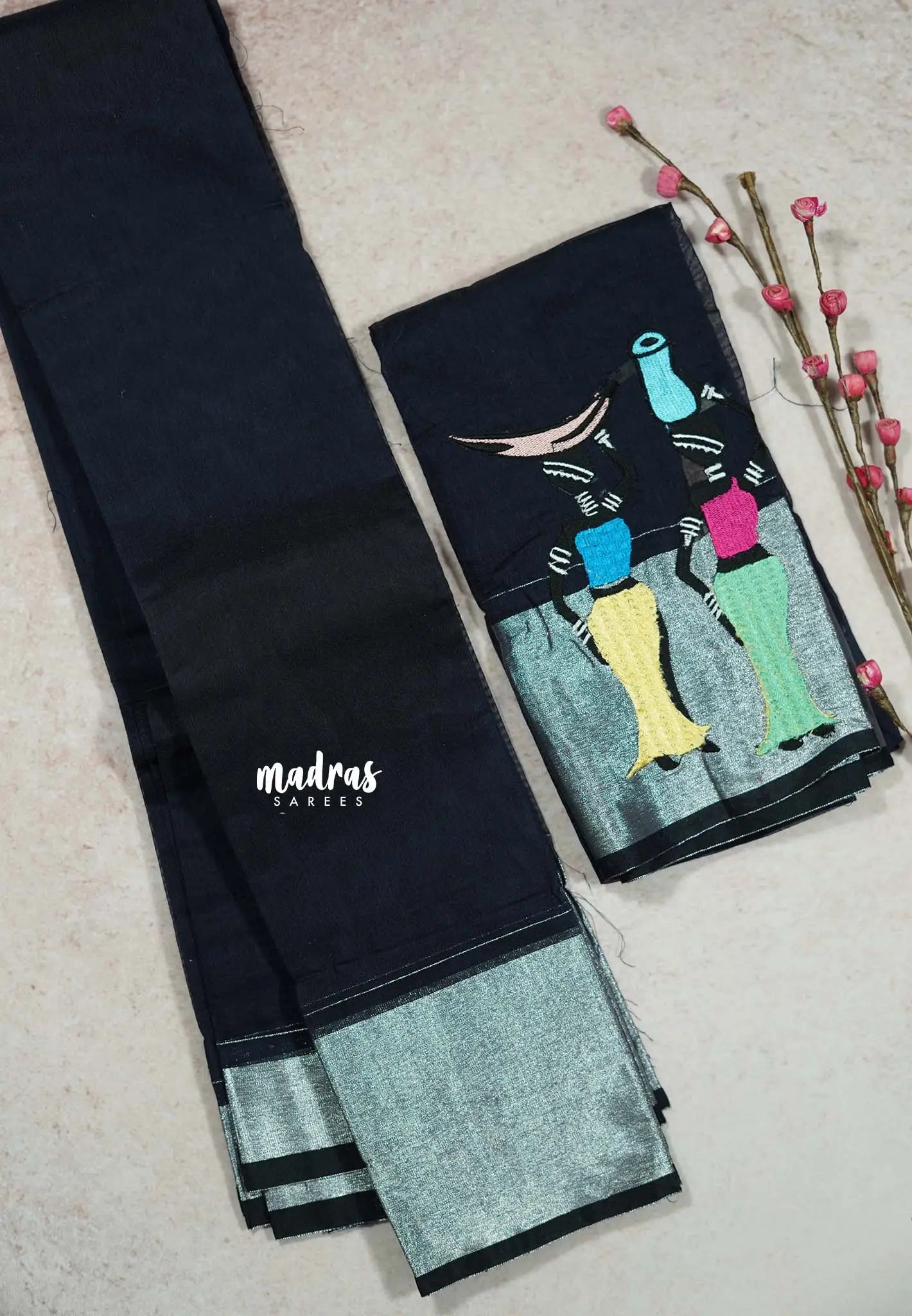Midnight Blue - Fancy Cotton Saree with Village Folk Art Motif embroidery Blouse
