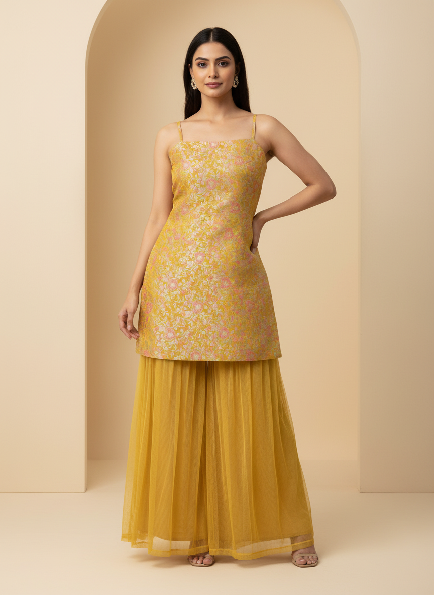 Woman wearing a yellow floral top and skirt set against a beige background