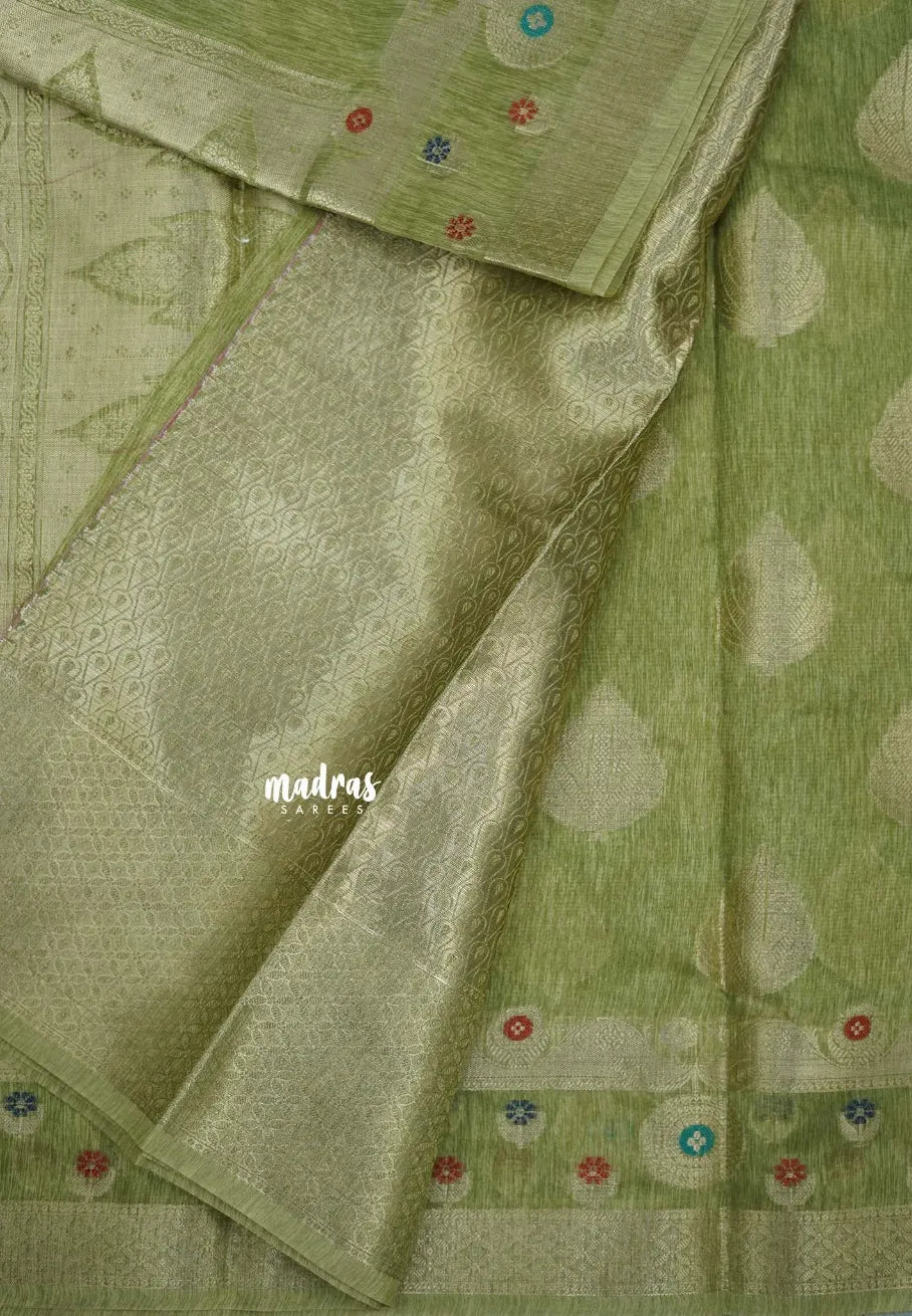 Mild Olive Green - Jute Tussar Silk saree with Leaf Buttas and Floral Border