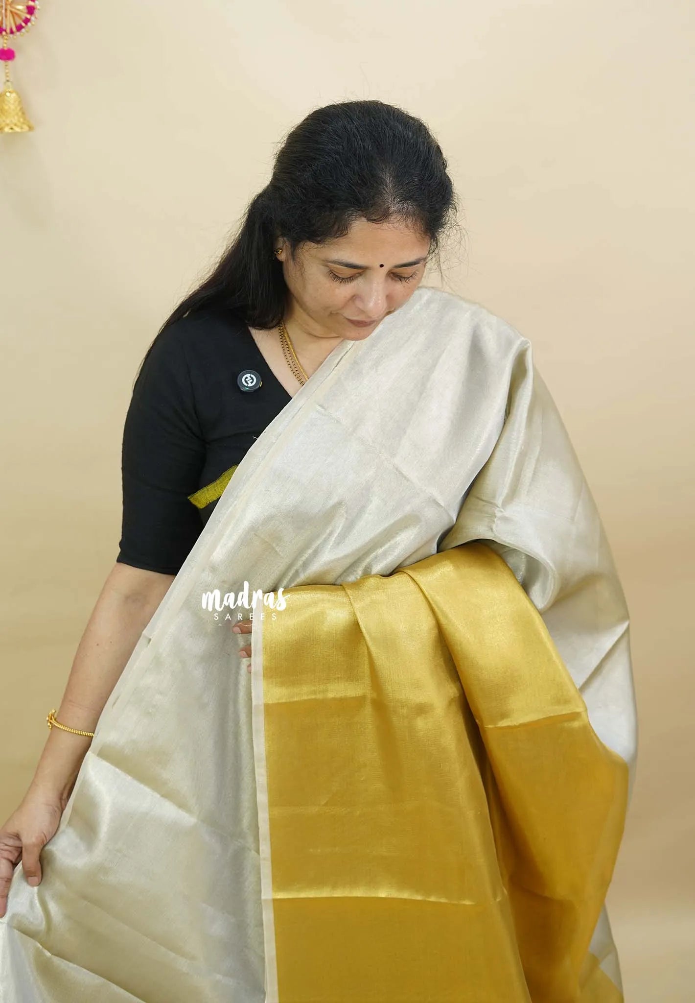 MoonSun Blend - Kushboo half and half gold and silver tissue silk blend Saree - Best for Small Functions