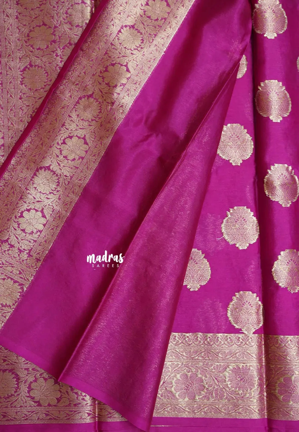 Magenta Pink - Soft warm silkcotton Saree with Antique Zari Buttas and Border