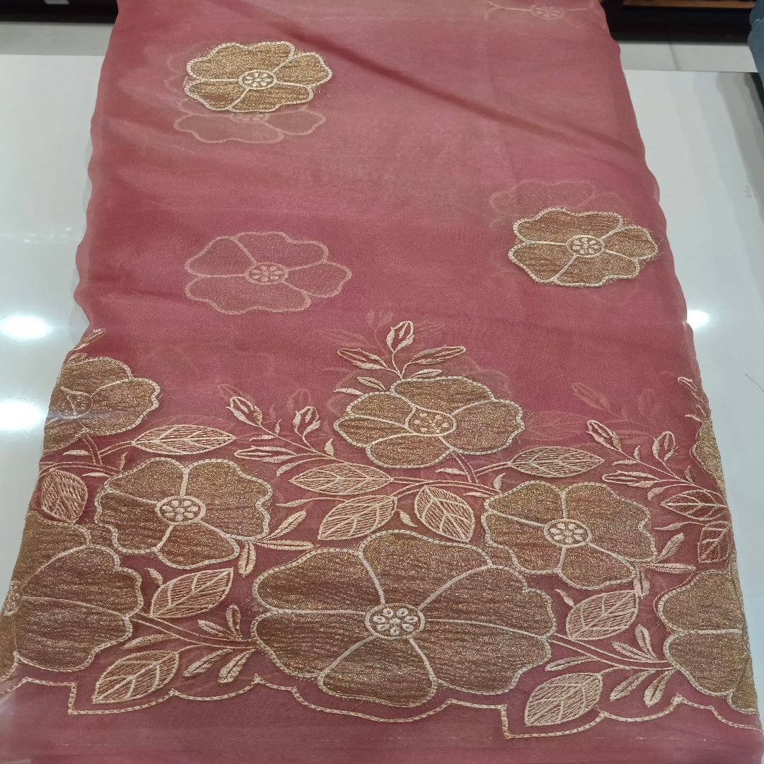 Pink Organza With Border Fabric