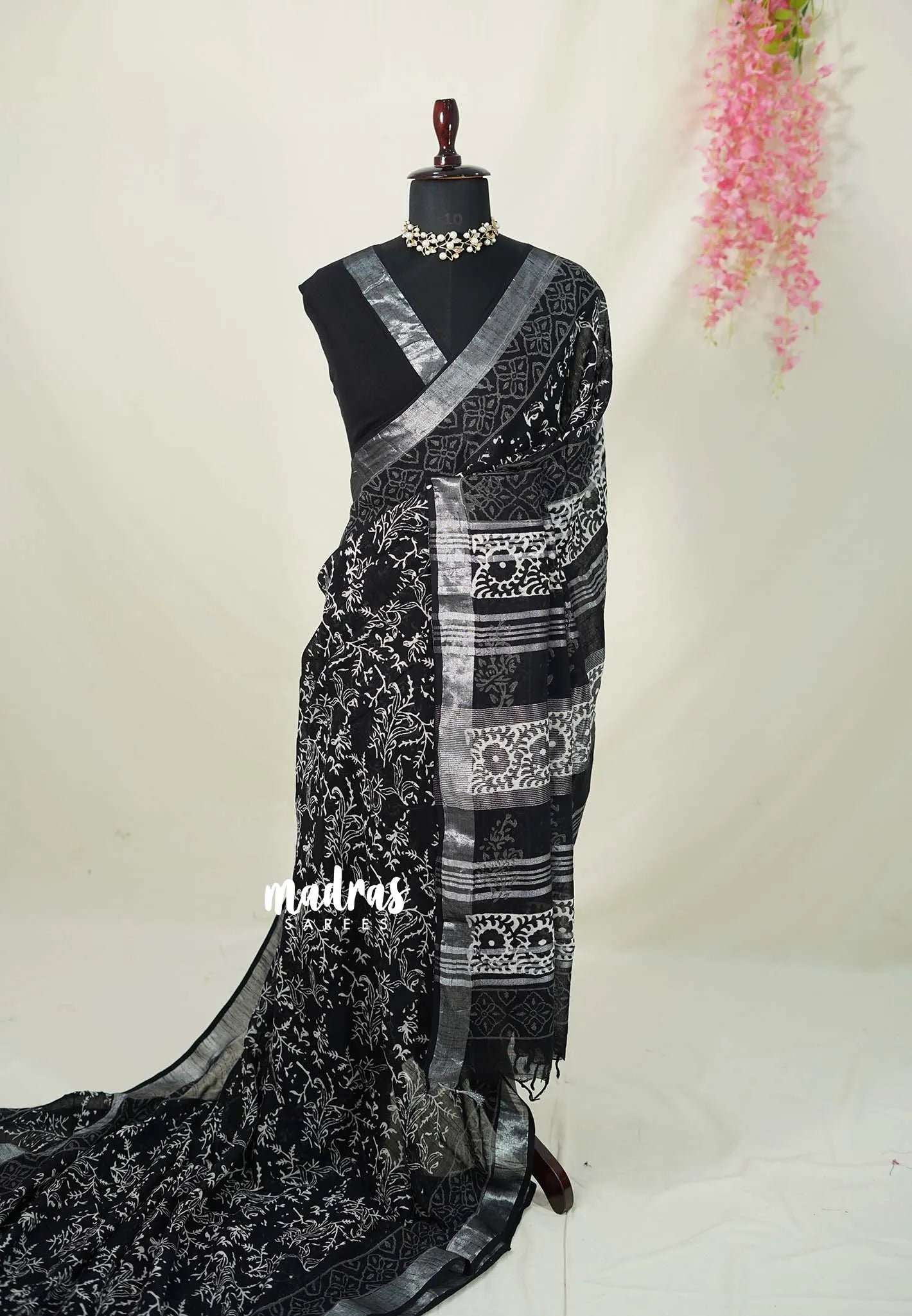 Jet Black - Pure Linen Cotton Saree with Silver Border - Perfect for Office Wear | Casual Wear | Summer