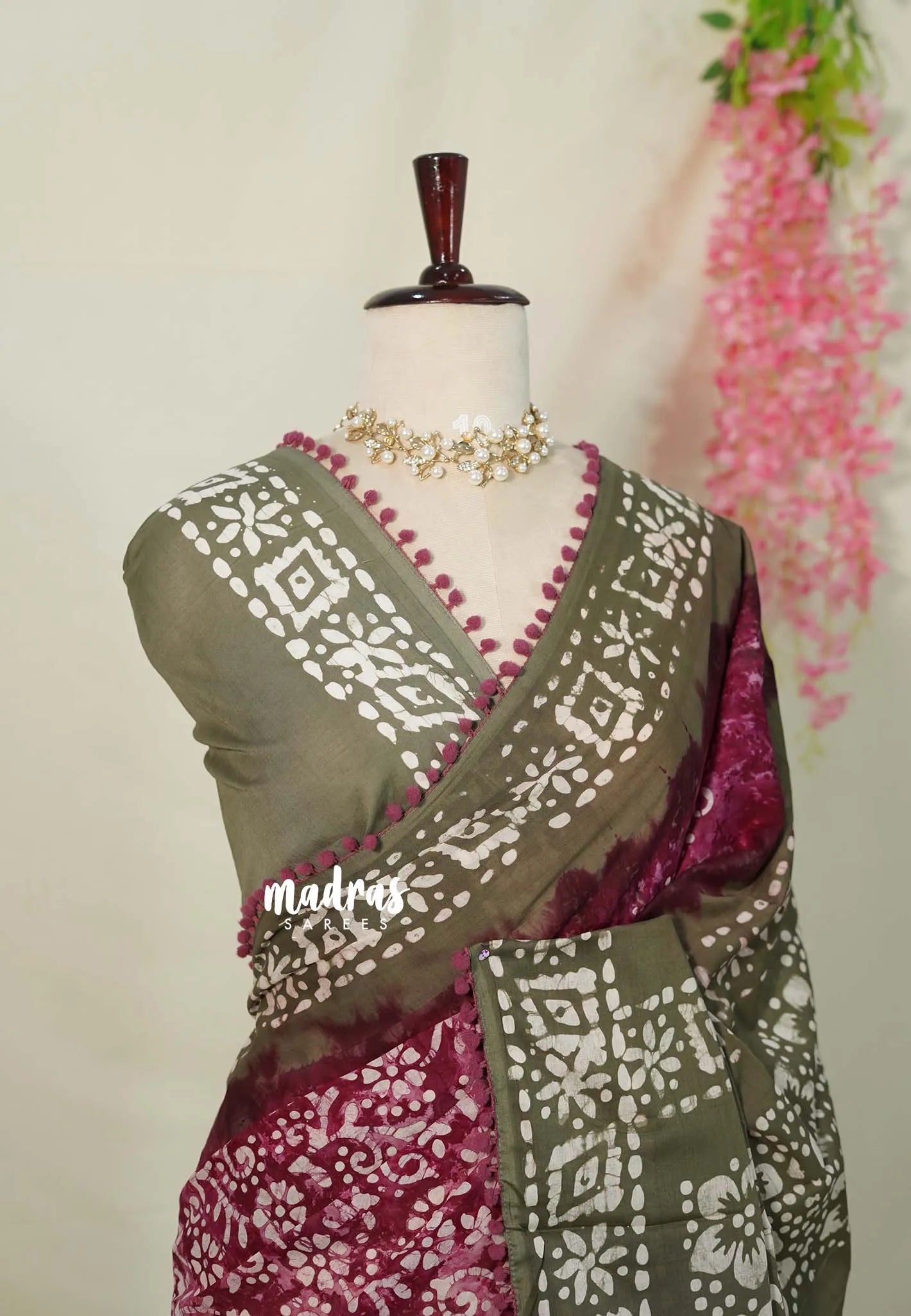 Beet Pink - Pure Mul Cotton Saree with Batik Prints with Pompom - Perfect for Office Wear | Casual Wear