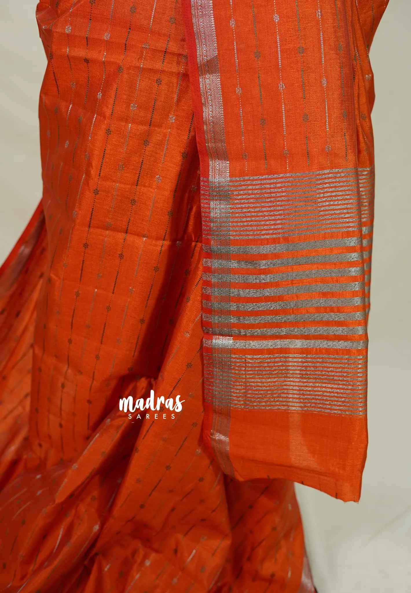 Dark Rust Orange - Raaga - Semi Tussar Saree - Antique Silver Weaving Body with Small Border - Best for Small Functions