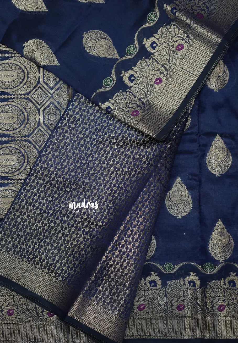 Midnight Blue - Durga - Banarasi Semi Dupion silk Saree with Gold Zari Buttas and Border - Best for Function Wear