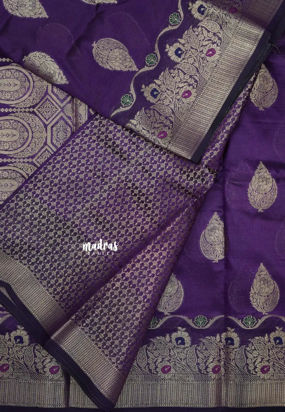 Royal Purple - Durga - Banarasi Semi Dupion silk Saree with Gold Zari Buttas and Border - Best for Function Wear