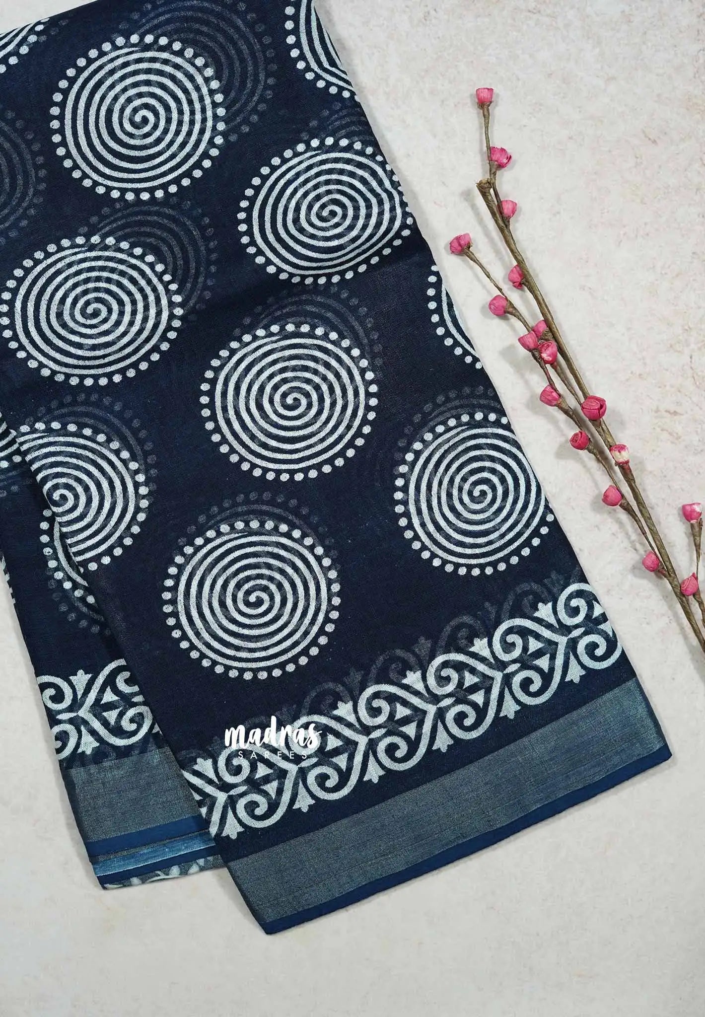 Indigo Blue - Soft linen cotton with spiral prints Saree
