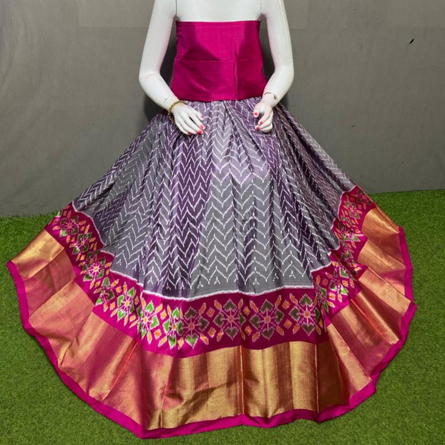 Graceful Delight - Ikkat Silk Unstitched Lehenga Choli - SIL001