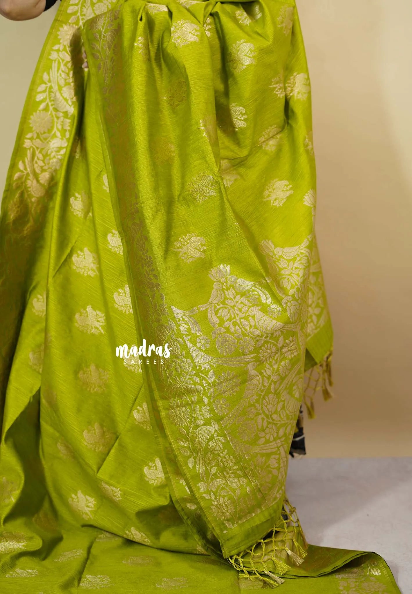 Neon Green - Vadhanam - Premium Jute tussar Saree with full birds weaving buttas and border