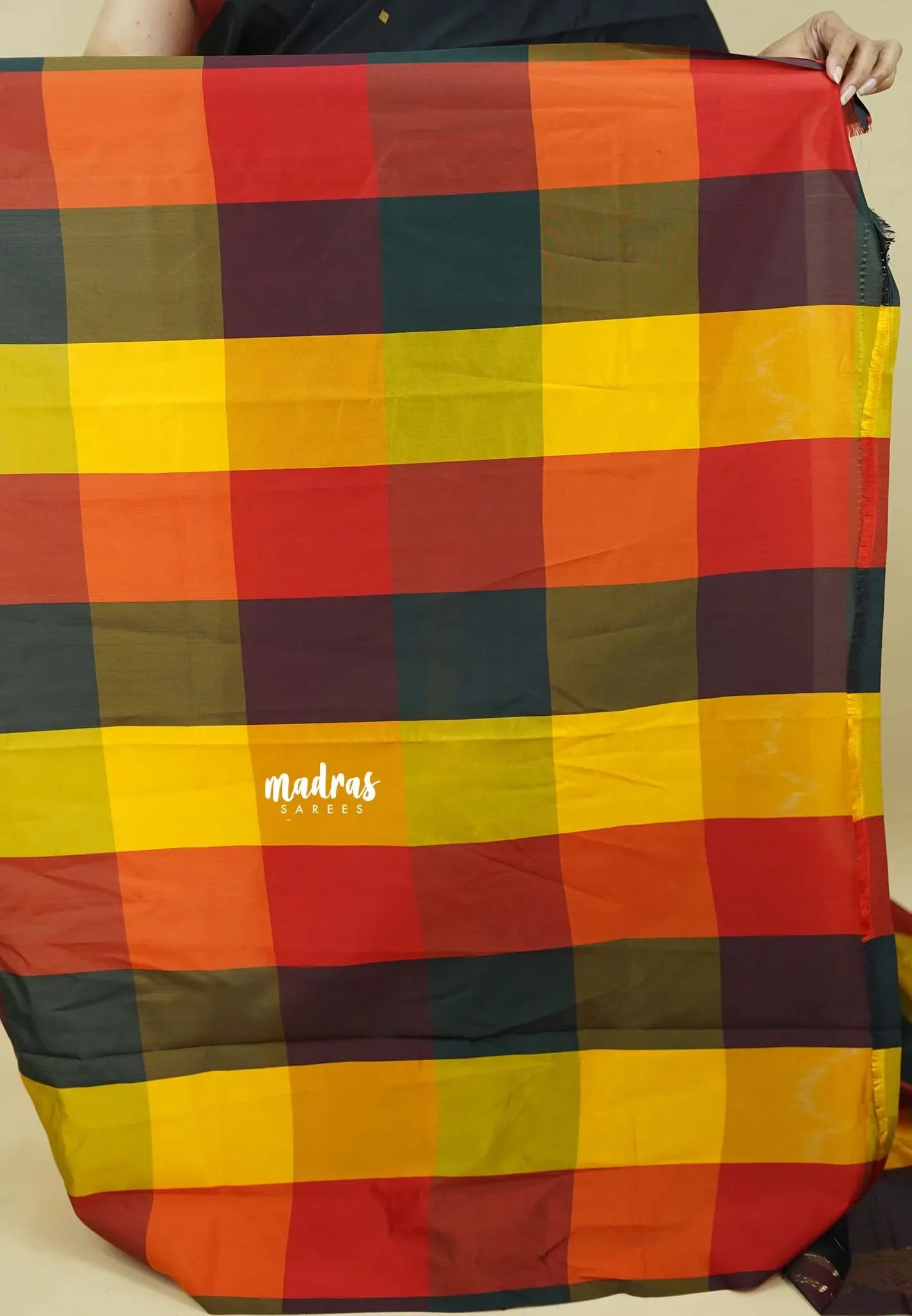 Ebony Black with Sunset Checks - Vedhavalli – Soft Silk Cotton Saree - Perfect for wedding