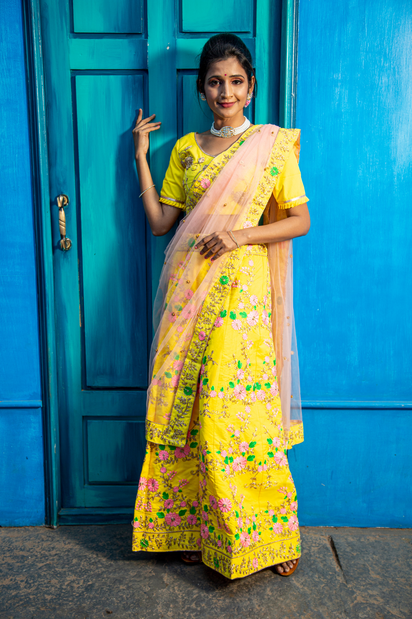 Sunshine Serenade Semi-Stitched, Floral Embroidered Lehenga choli