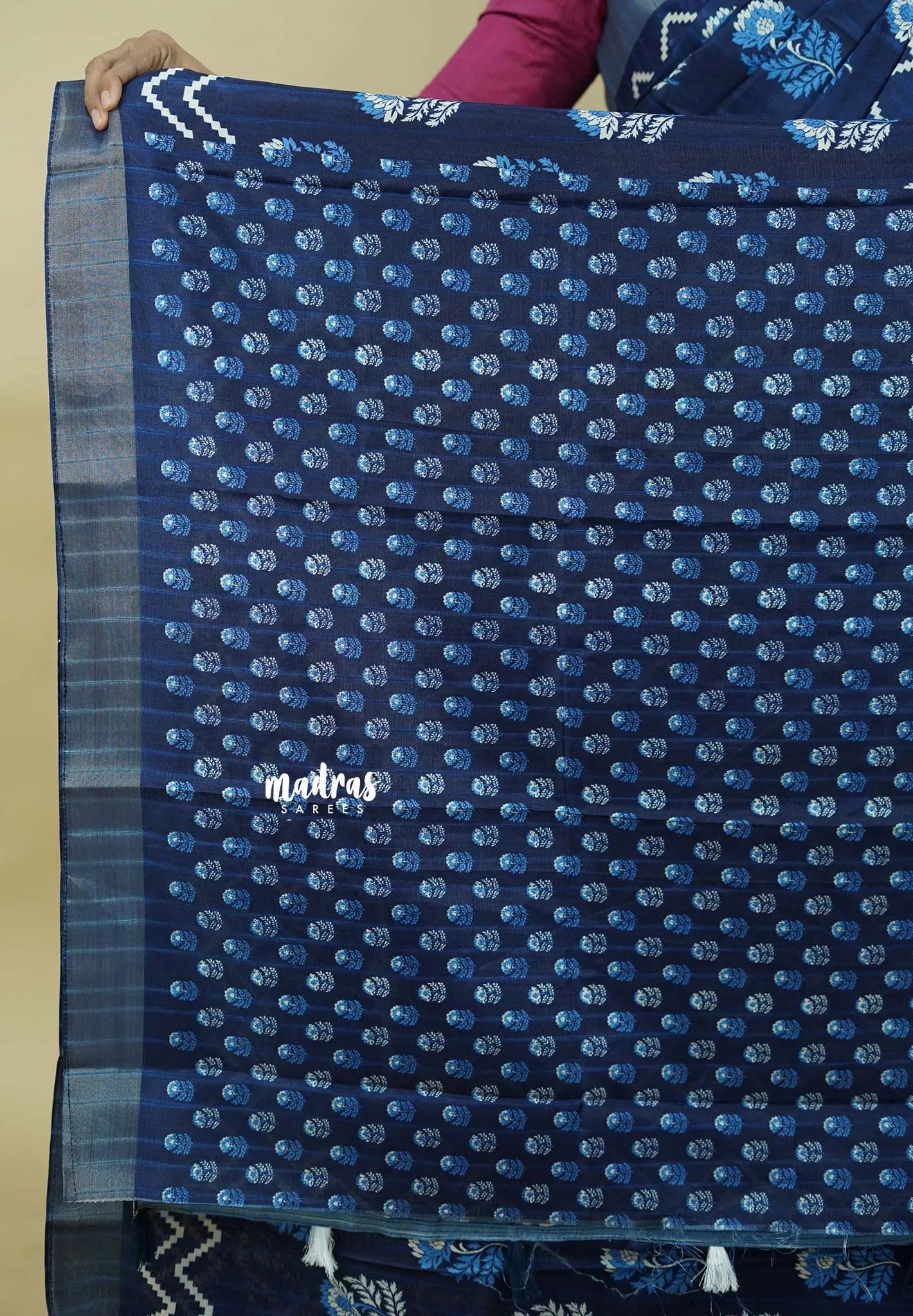Indigo Blue - Zara Malgudi printed silk Cotton Saree with Bagru Prints