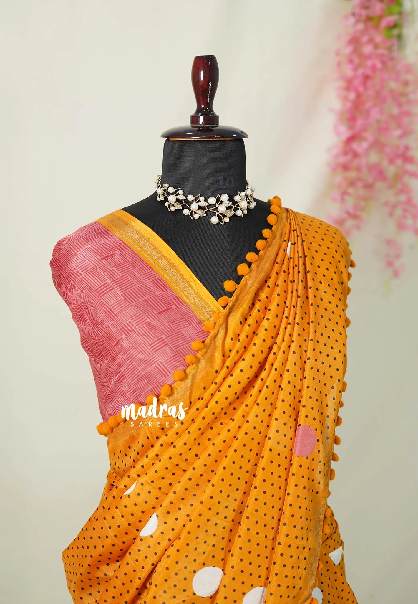 White with Yellowish Orange - Isha - Chanderi Cotton Saree Half and Half Design with Pompoms - Best for Casual Wear