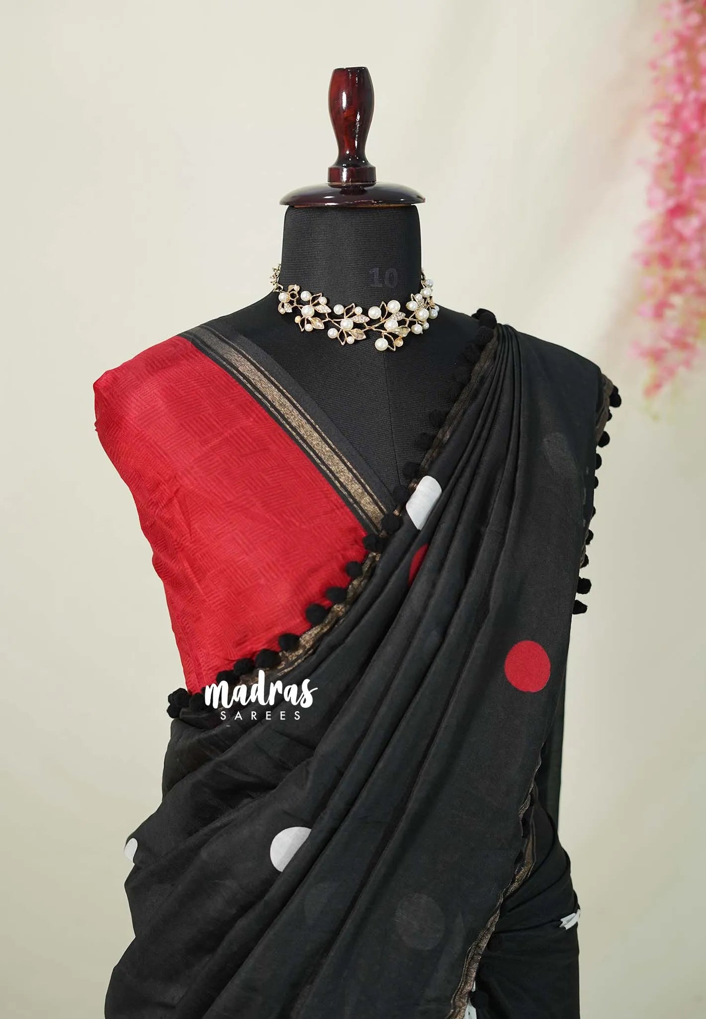 White with Black - Isha - Chanderi Cotton Saree Half and Half Design with Pompoms - Best for Casual Wear