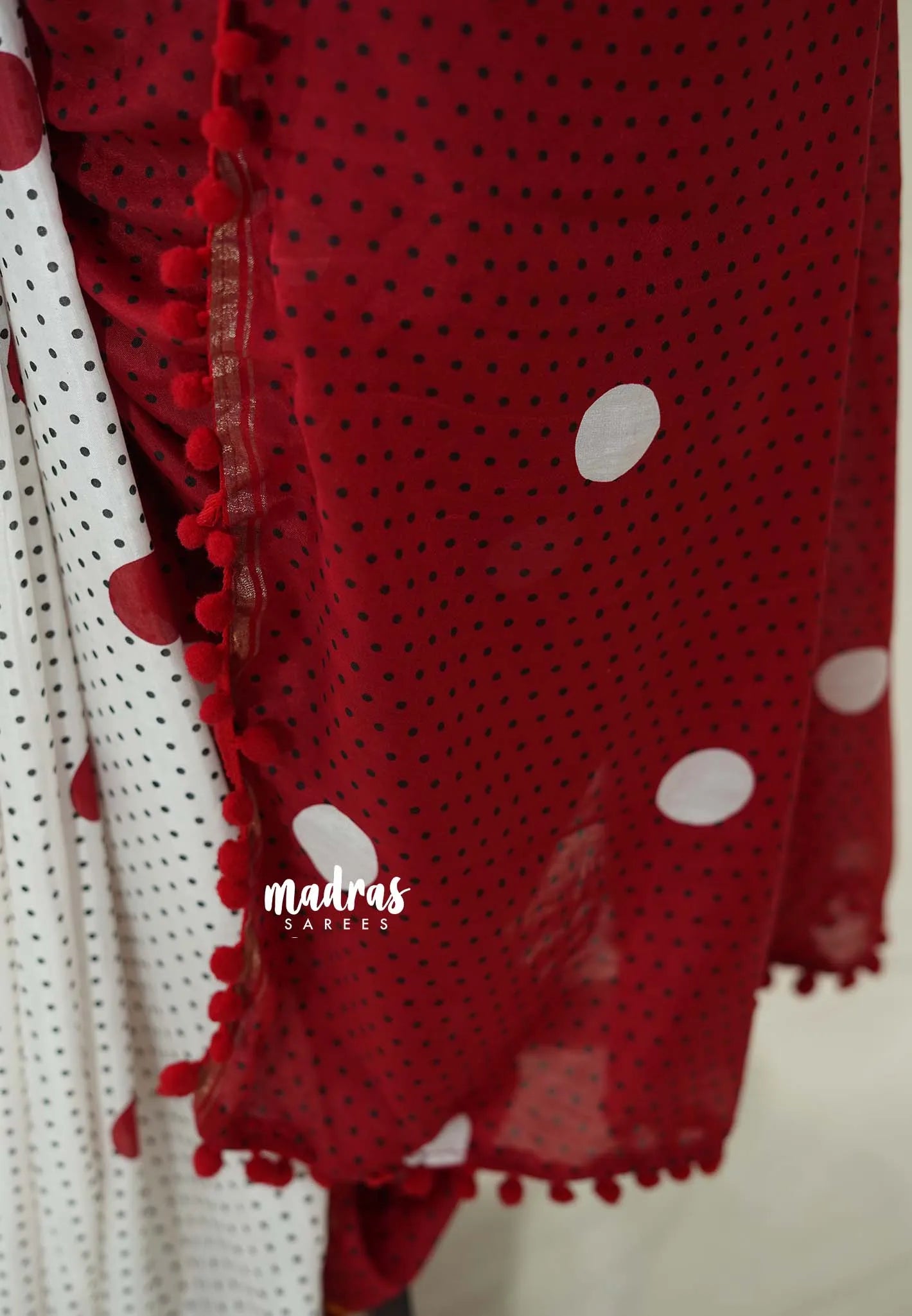 White with Cherry Red - Isha - Chanderi Cotton Saree Half and Half Design with Pompoms - Best for Casual Wear