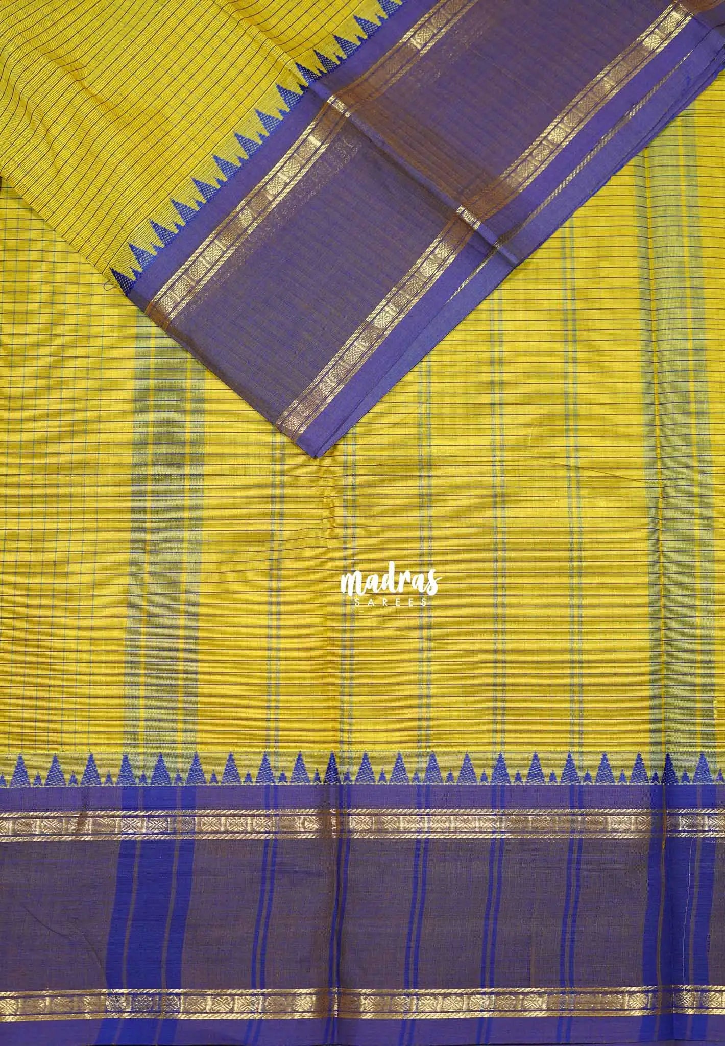 Greenish Yellow - Karthigai silk cotton Saree rettapeta border with muthu kattam
