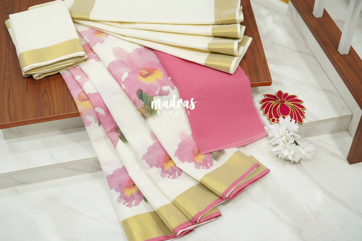 Traditional Kerala Half Saree - Kasavu Border with Digital Print Georgette Dhavani