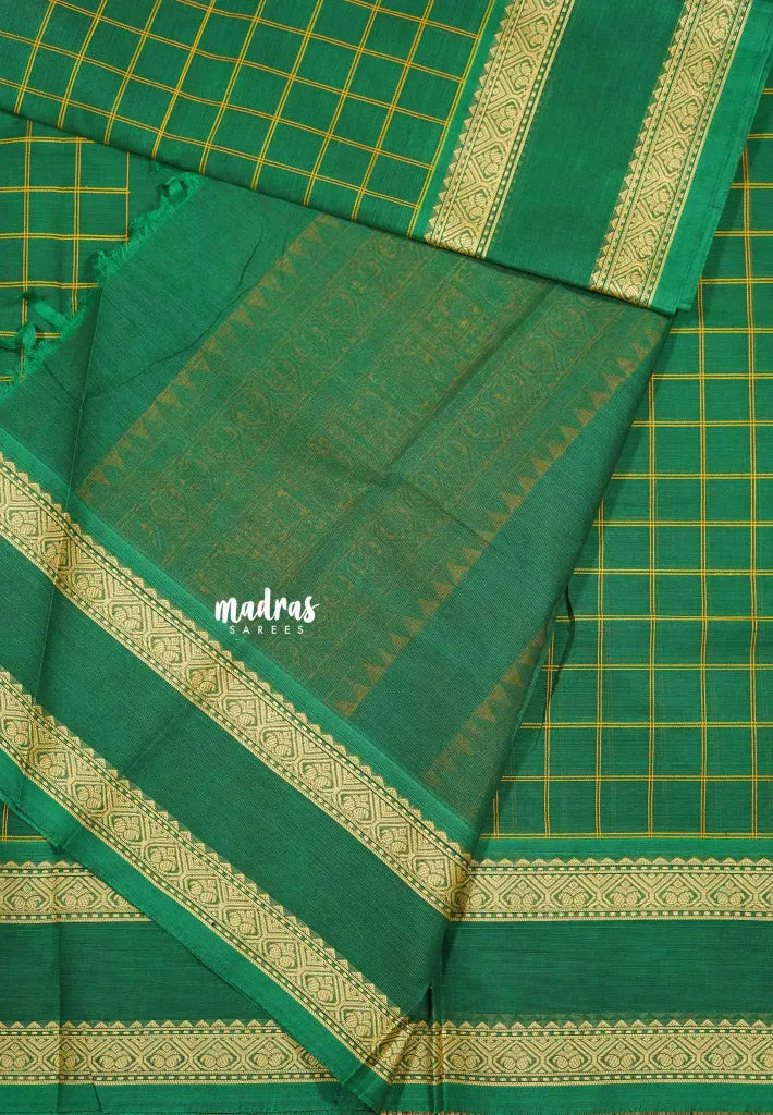 Green - Korvai silk cotton Saree thread weaving rettapet border rich pallu With kattam body