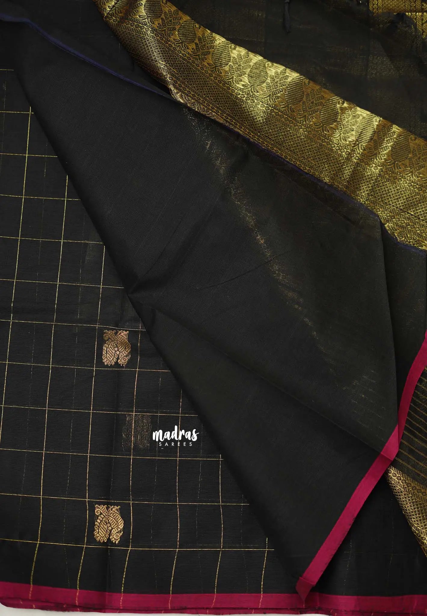 Korvai silk cotton Checks With annam Buttas Black - Madras Sarees