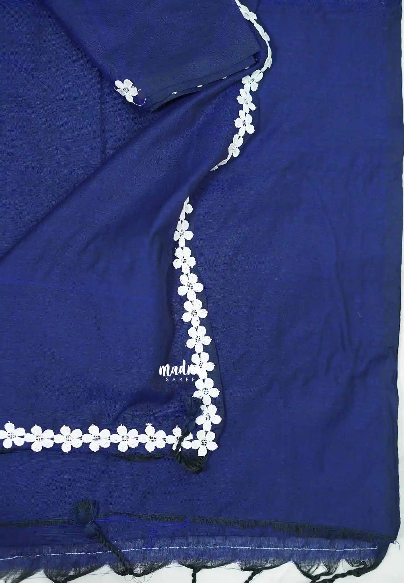 Leela - Plain Handloom cotton Saree with floral lace border - Deep blue