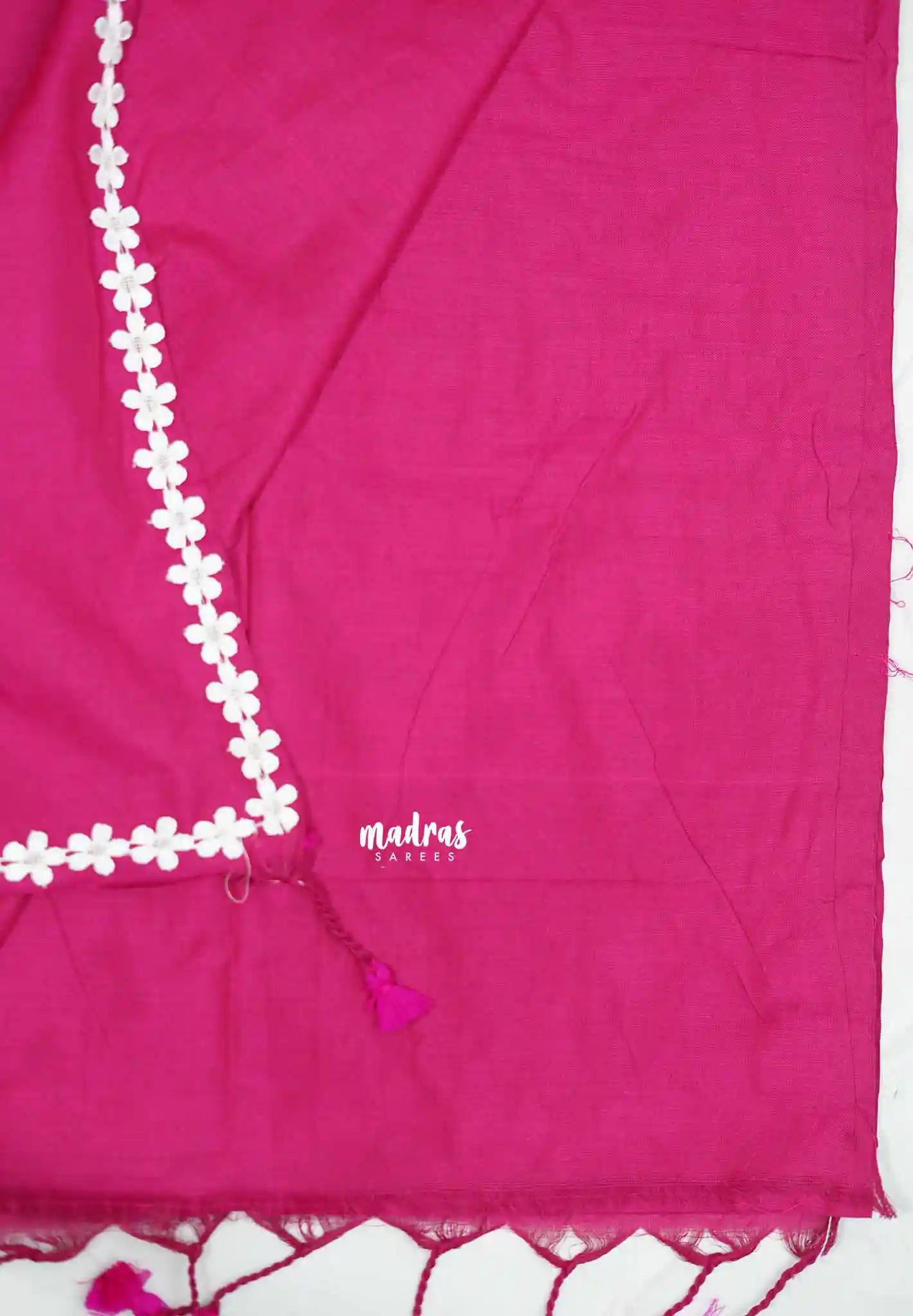 Leela - Plain Handloom cotton Saree with floral lace border - Rani pink