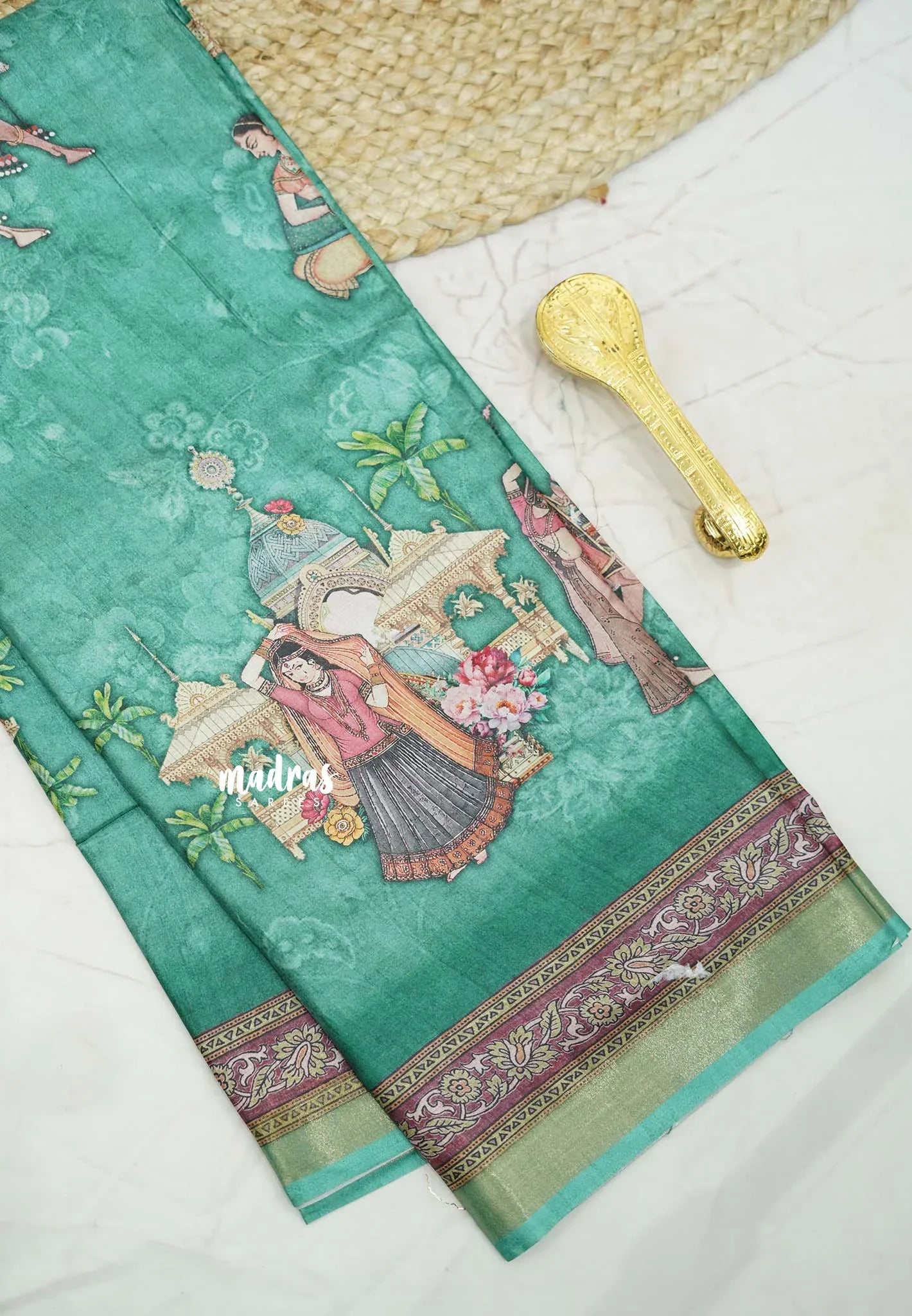 Printed silk blend Saree mugal painting prints peacock design - 4 colors Available