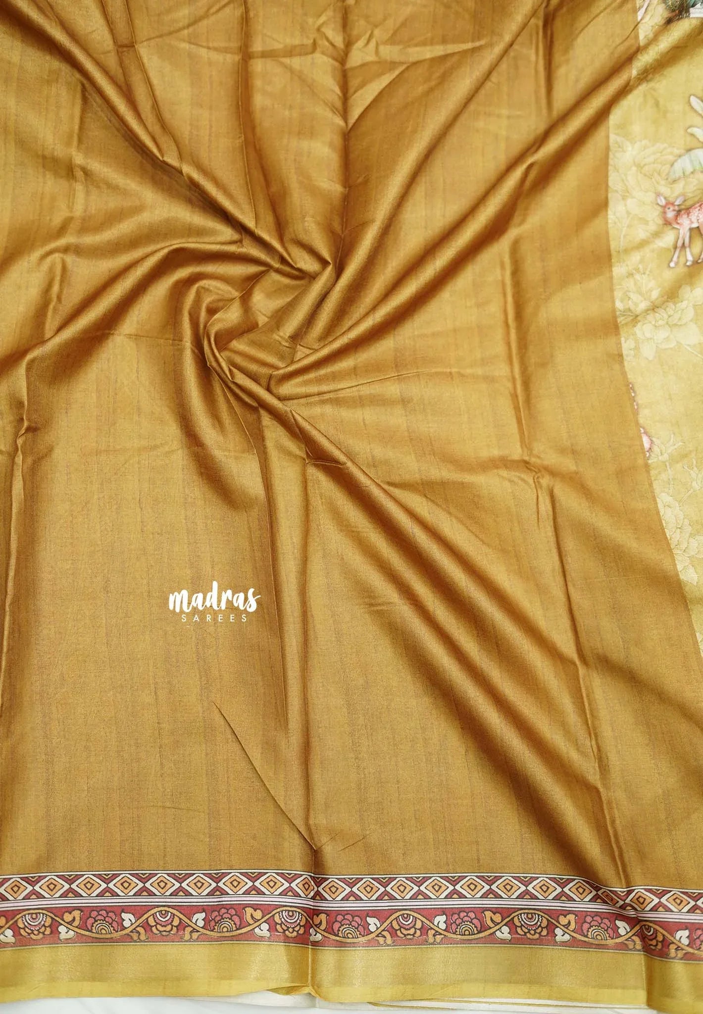 Printed silk blend Saree mugal painting prints Elephants - Golden yellow