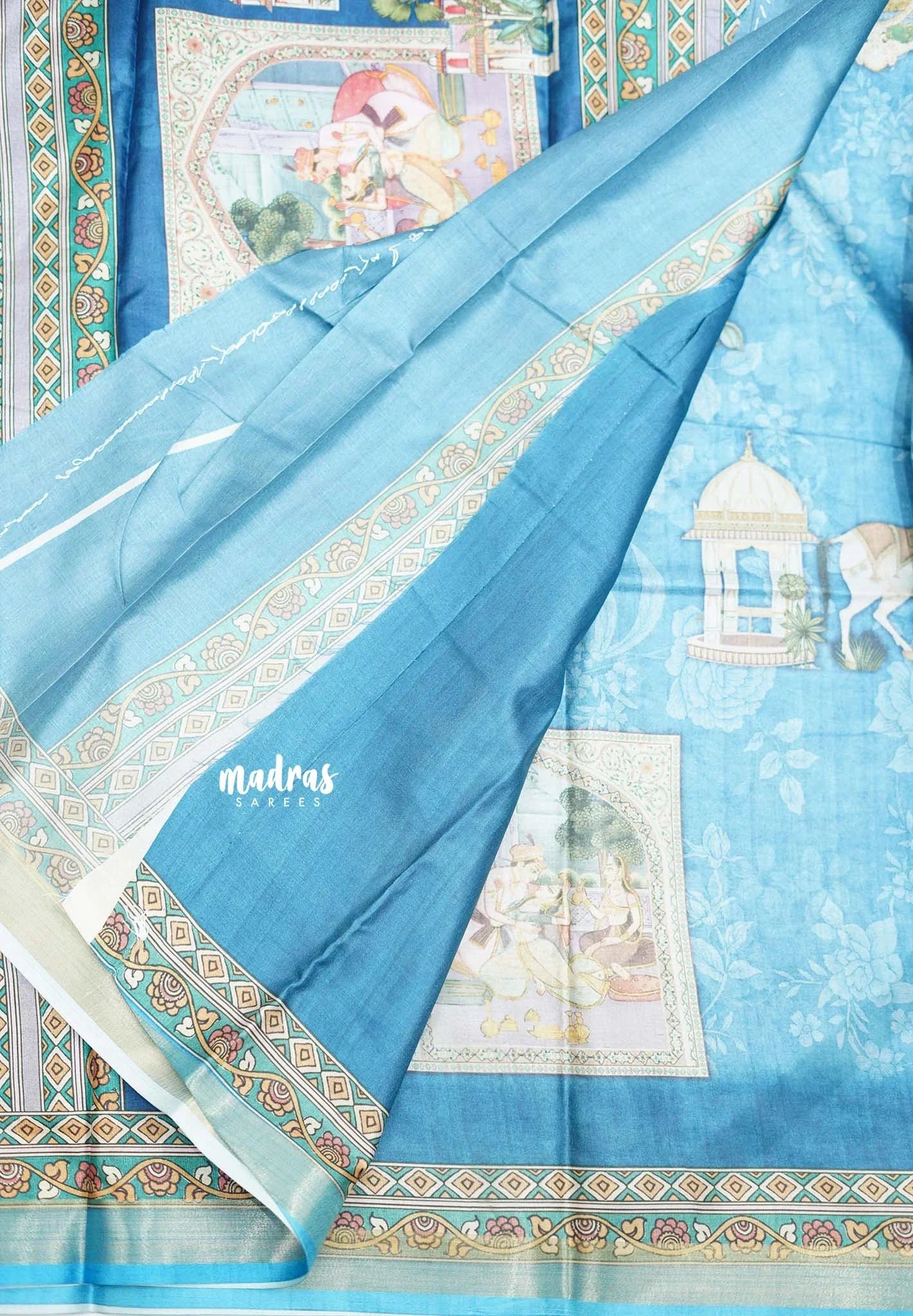 Printed silk blend Saree mugal painting prints Elephants - sky blue