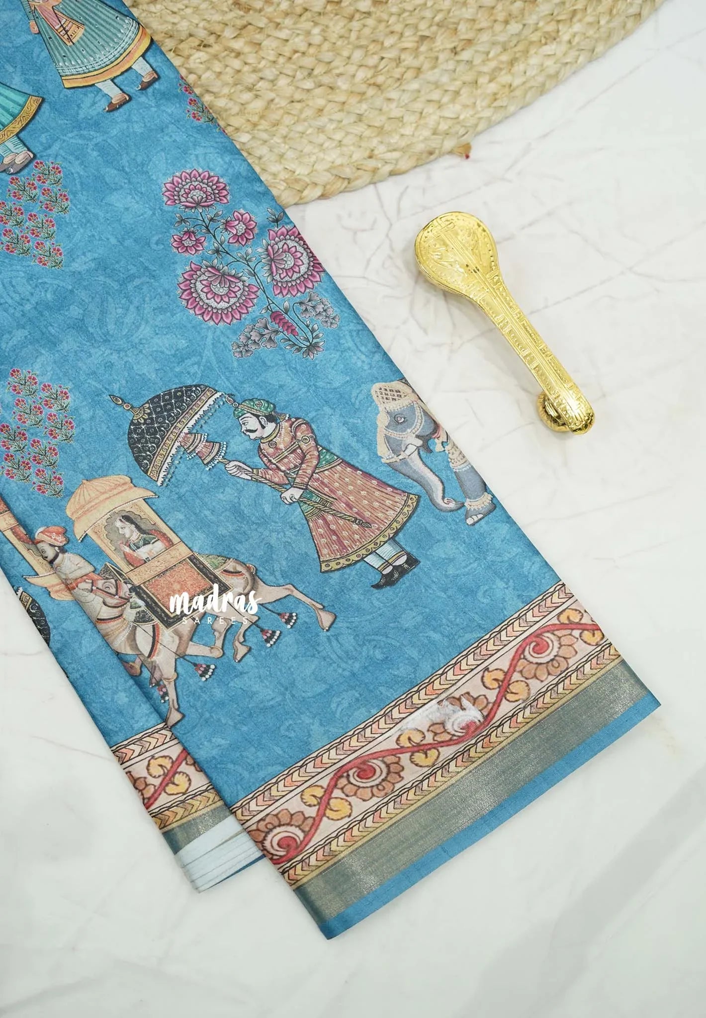 Printed silk blend Saree mugal painting prints pallaku design - 4 colors Available