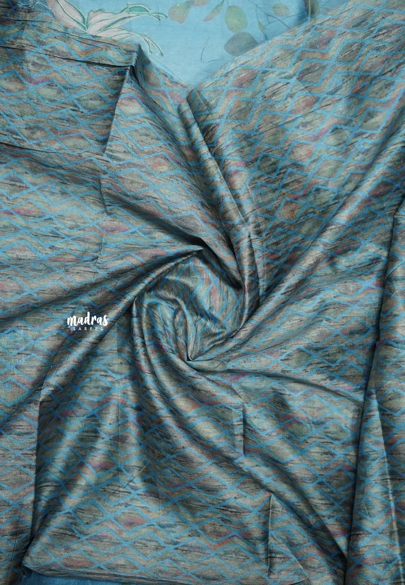Roopa - Premium Chappa semi tussar floral prints Saree with embroidery outline - Cerulean blue