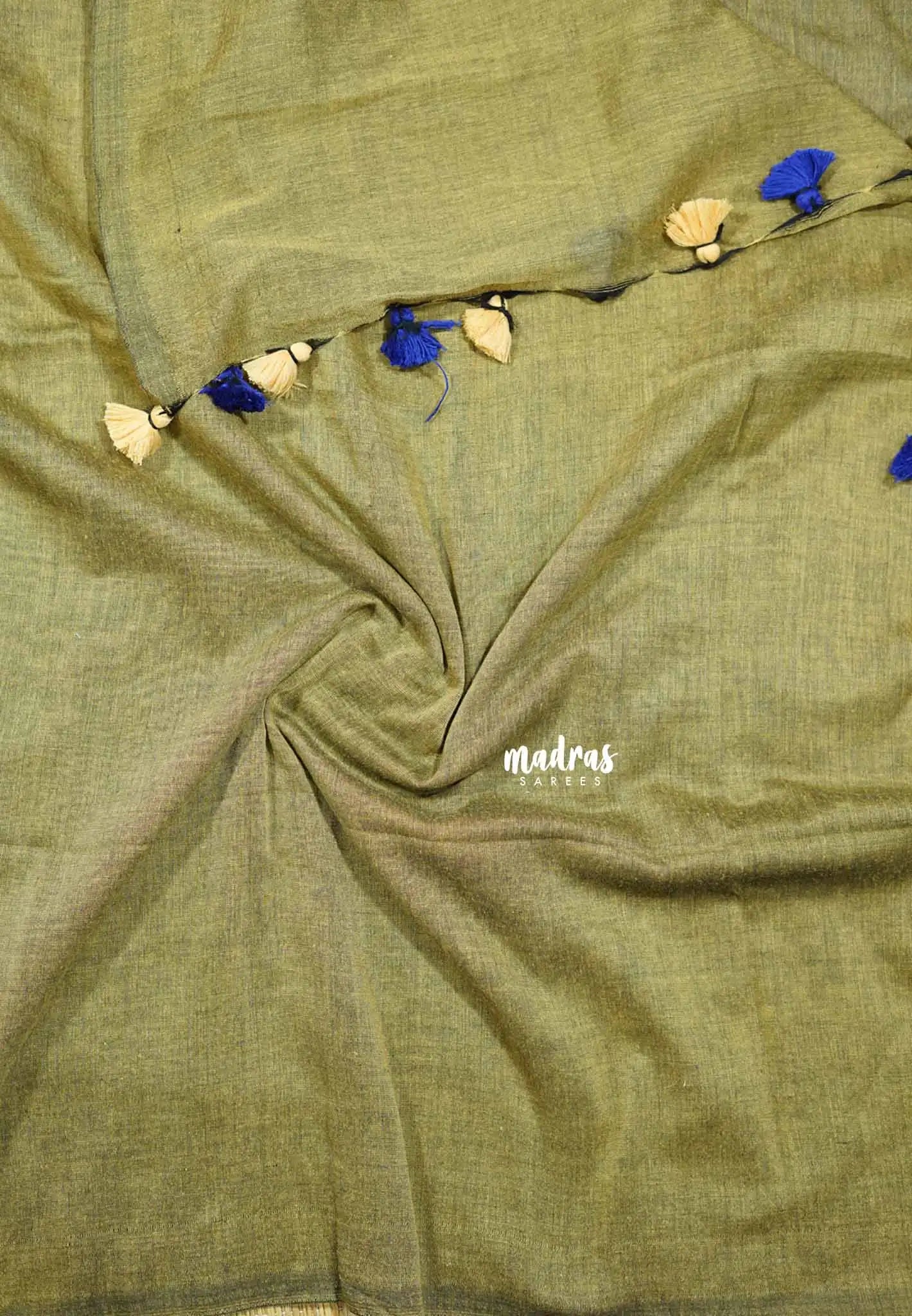 Blue with khaki pallu - Soft handloom cotton Saree with contrast pallu and blouse - Shruti