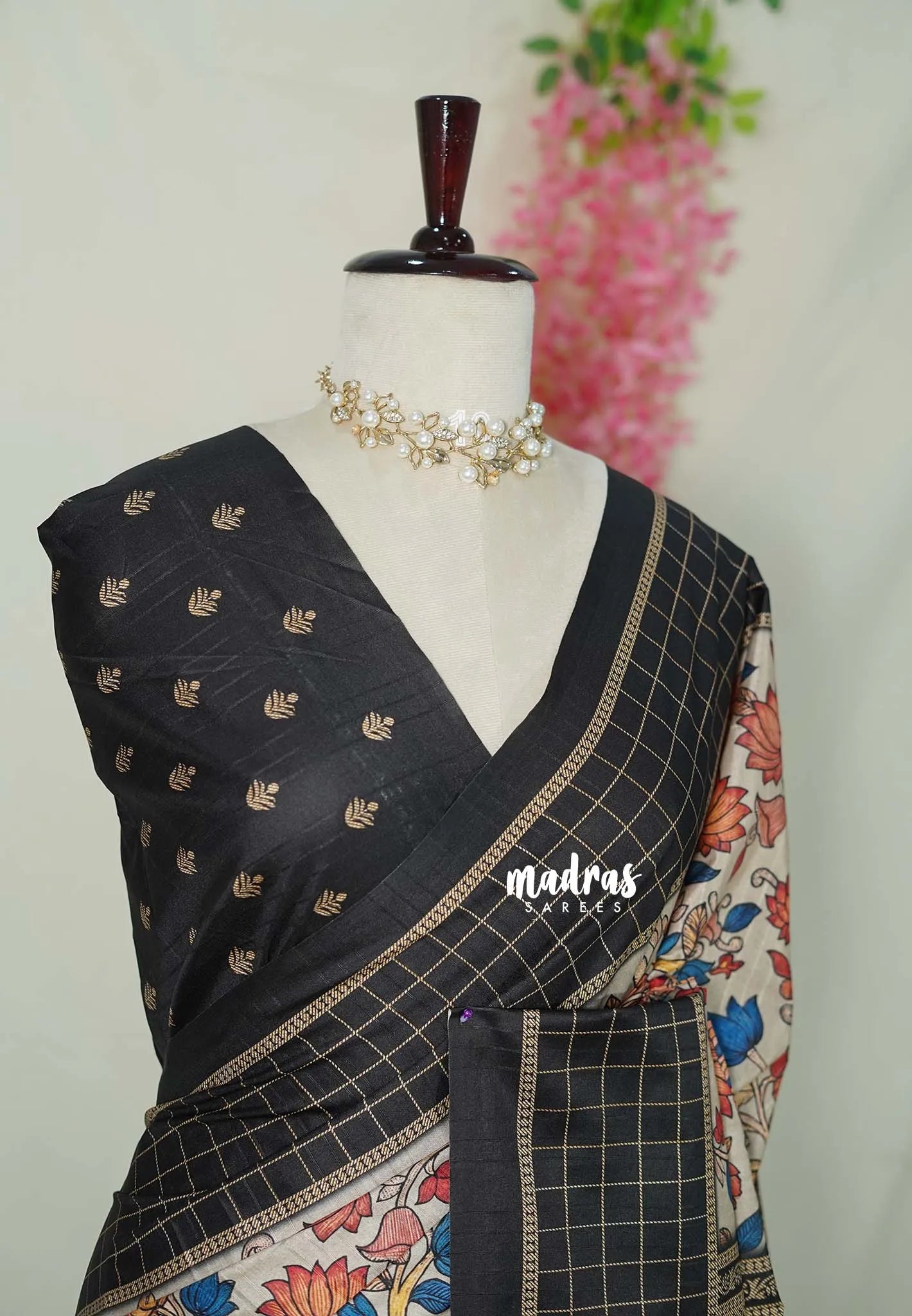 Ivory with Black border - Yamini Paper Silk Cotton Saree with Kalamkari Prints Black Checks Border - Best for Casual Wear | Office | college wear