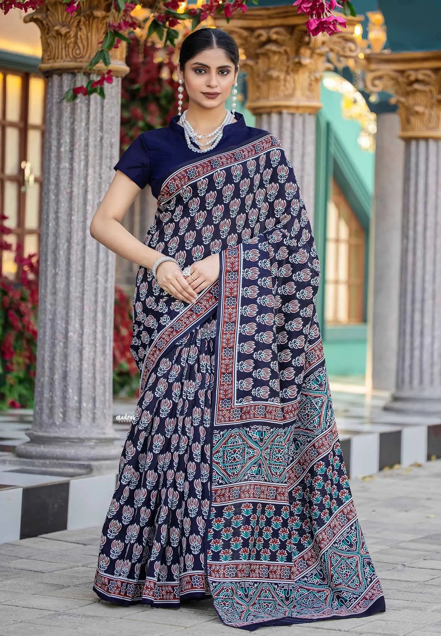 Deep blue floral buttas - Zara Malgudi Fusion printed silk cotton Saree
