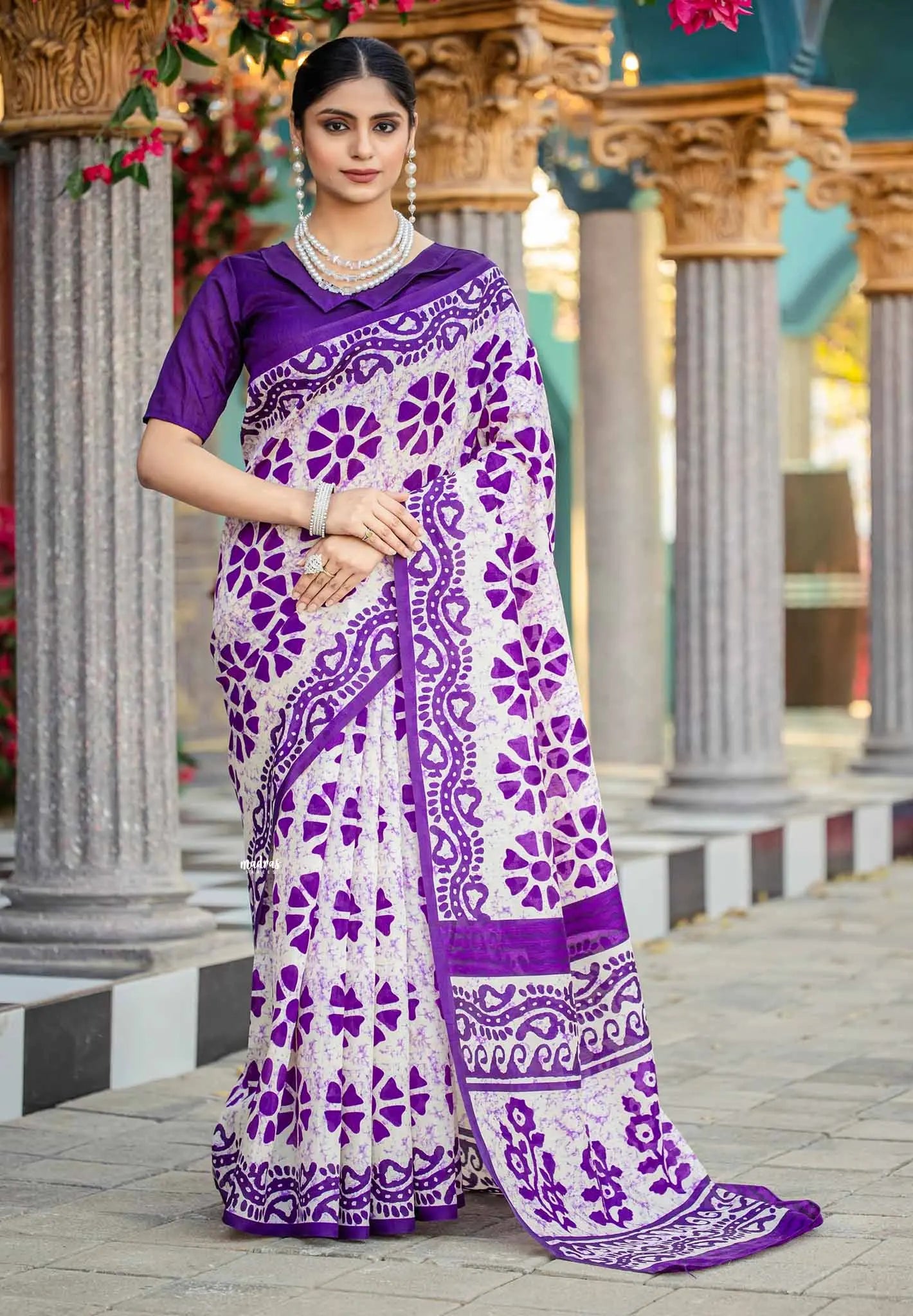 Offwhite purple flower - Zara Malgudi Fusion printed silk cotton Saree
