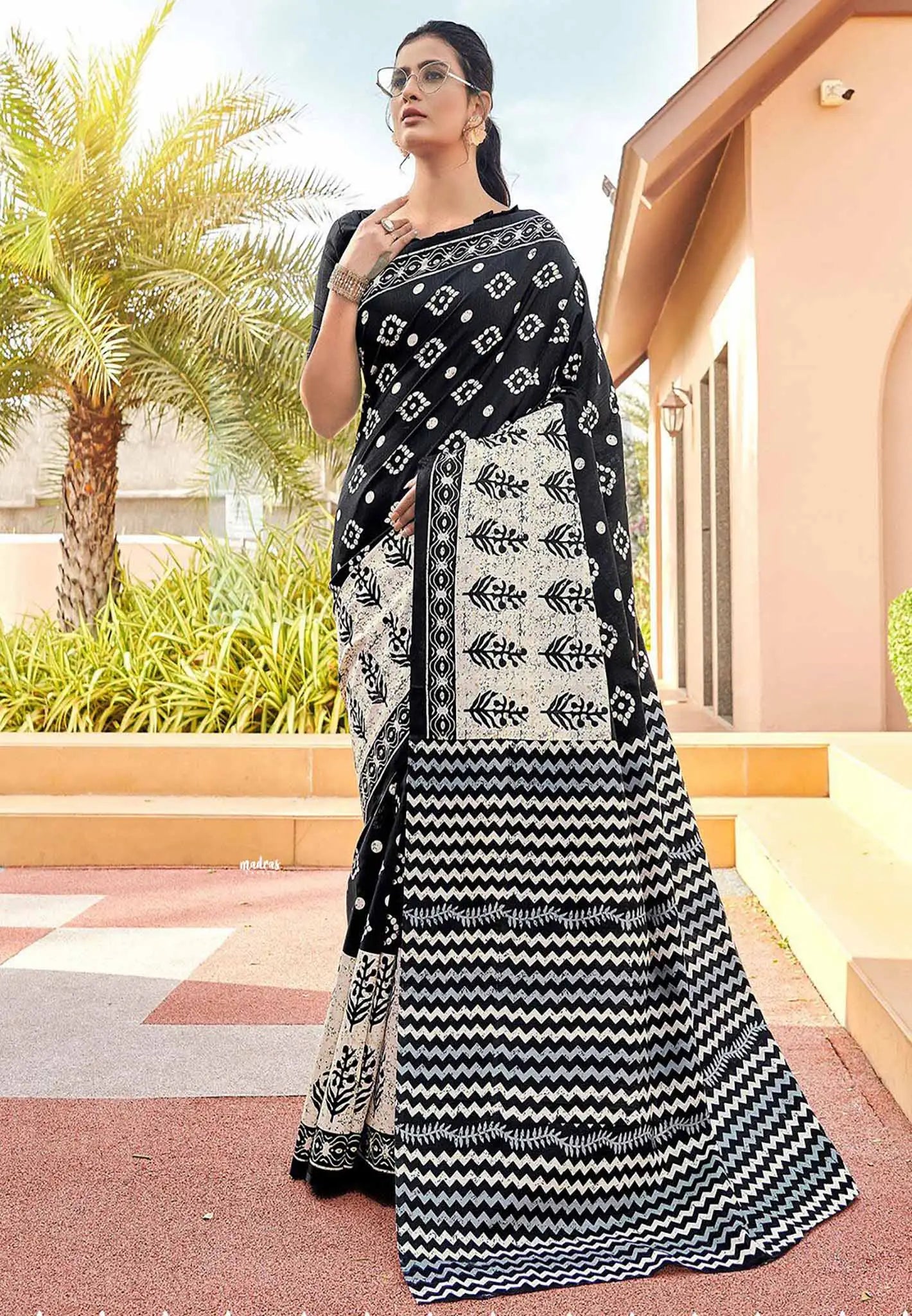 Black and bigborder white - Zara Malgudi Fusion printed silk cotton Saree