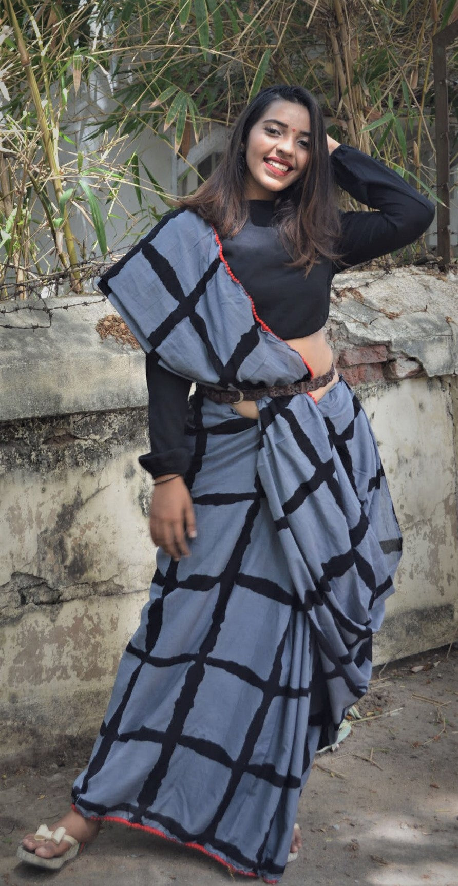 Midnight Fantasy- Checkered Grey Pom Pom Saree