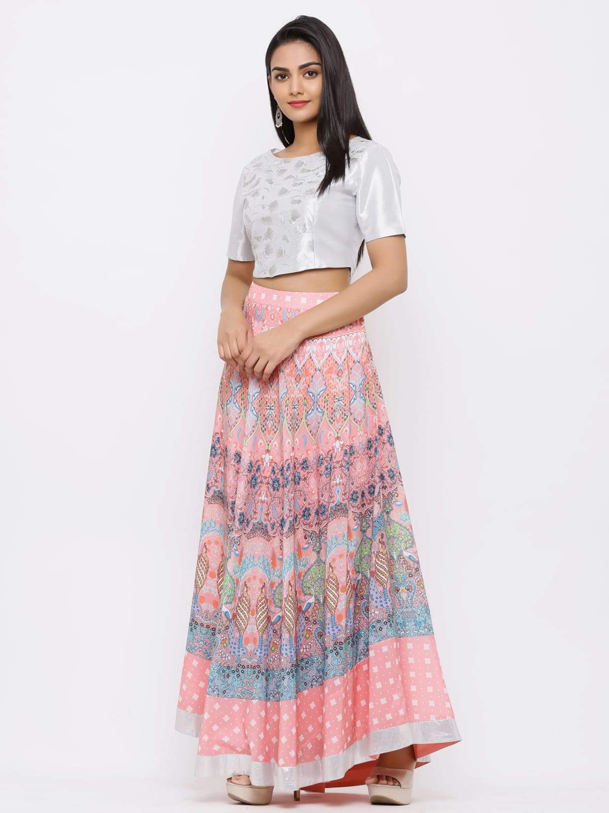 Pink Poly Muslin Embroidered Flared Lehenga Choli