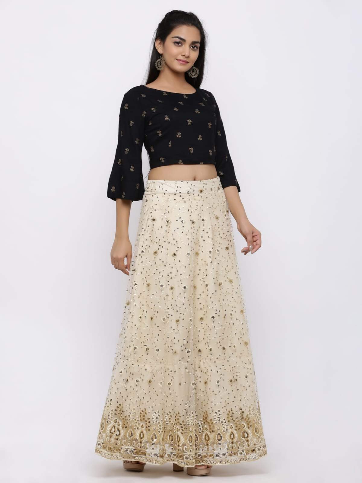 Ivory Net Embellished Flared Lehenga Choli_Black and Beige