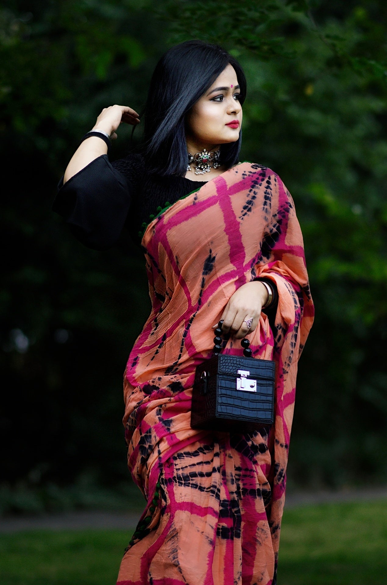 Sassy Peach- Coral Pink Pom Pom Saree